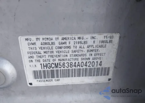 2004 Honda Accord 2.4 Lx из США, поврежденный, VIN 1HGCM56384A042014